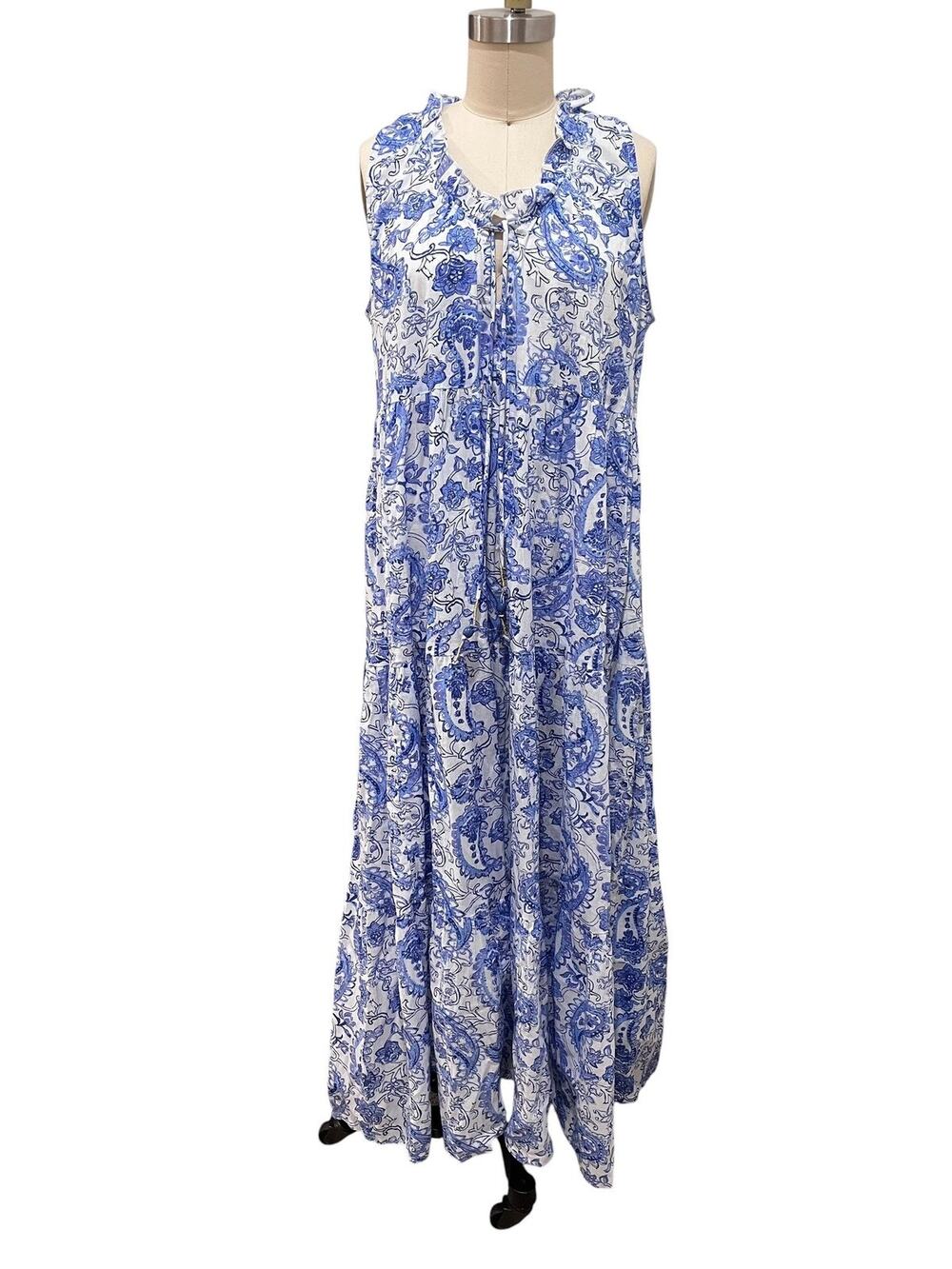 True Destinations Dress Womens Medium Blue Paisley Cotton Ruffle Maxi Sleeveless
